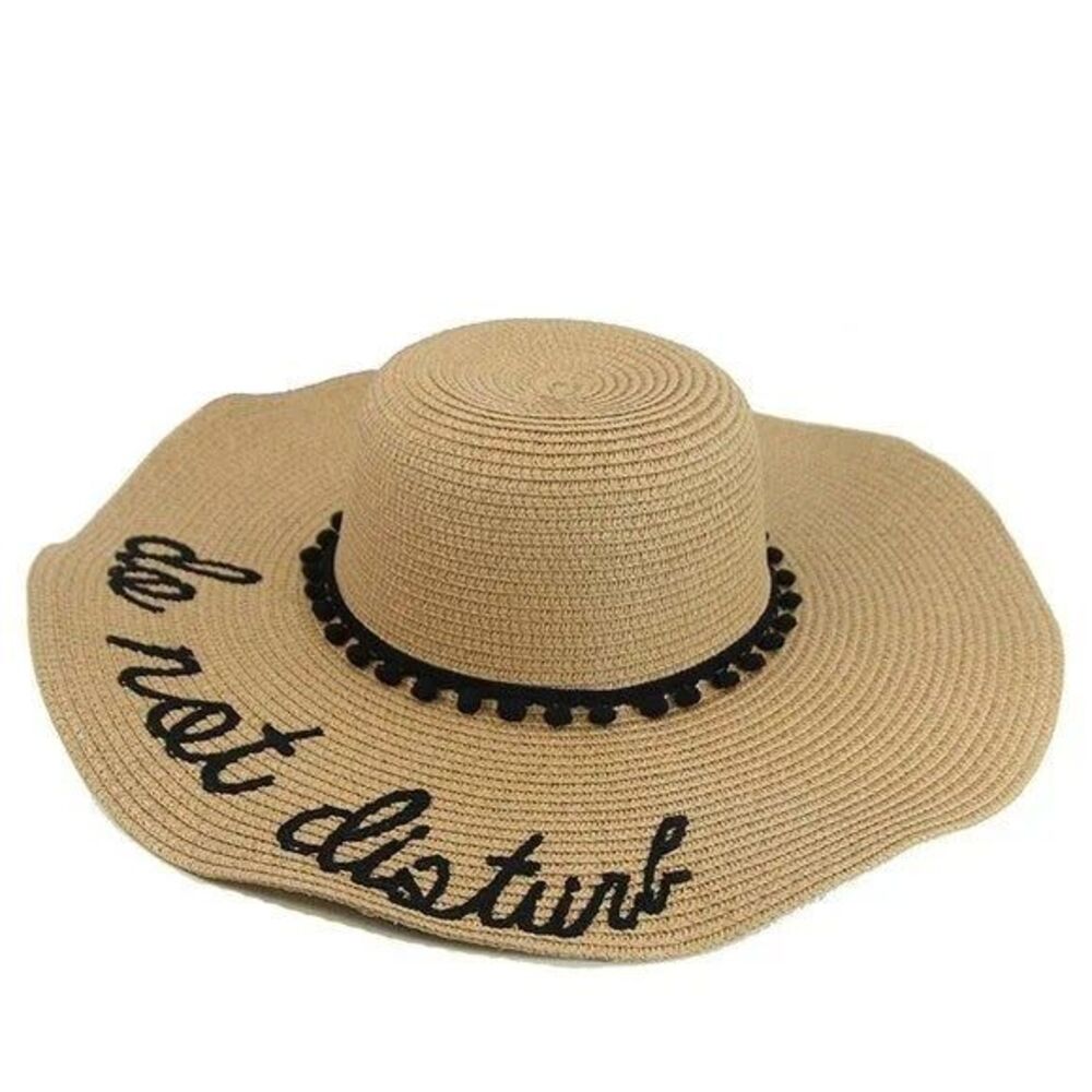 Weaved Beach Embroidered Floppy Wide Brim Sun Hat Ribbon Bow -Dark Brim B-Ribbon